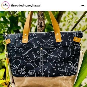 Threaded Honey Hawaii Black Monstera Mahalo Tote Bag Purse
